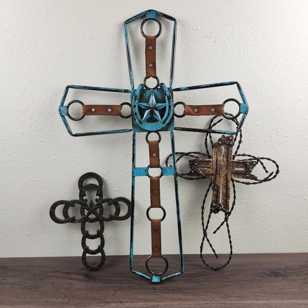 Rustic Western Wall Cross Set 3pc Turquoise Horseshoe‎ Barbed Wire Star Decor